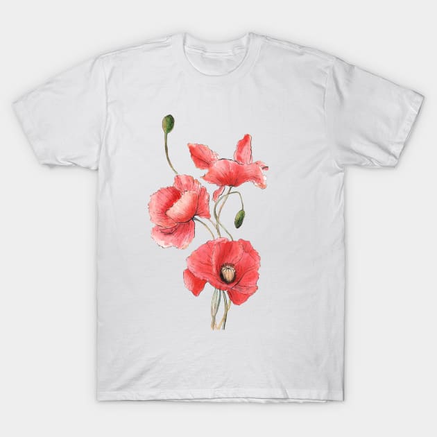 Red Poppy Flowers Watercolor Painting T-Shirt by Ratna Arts